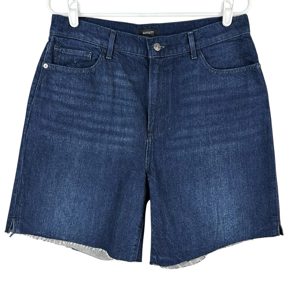 Express Women's High Rise Blue Denim Shorts Size 10 Zip Fly Raw Hem Pockets NWOT